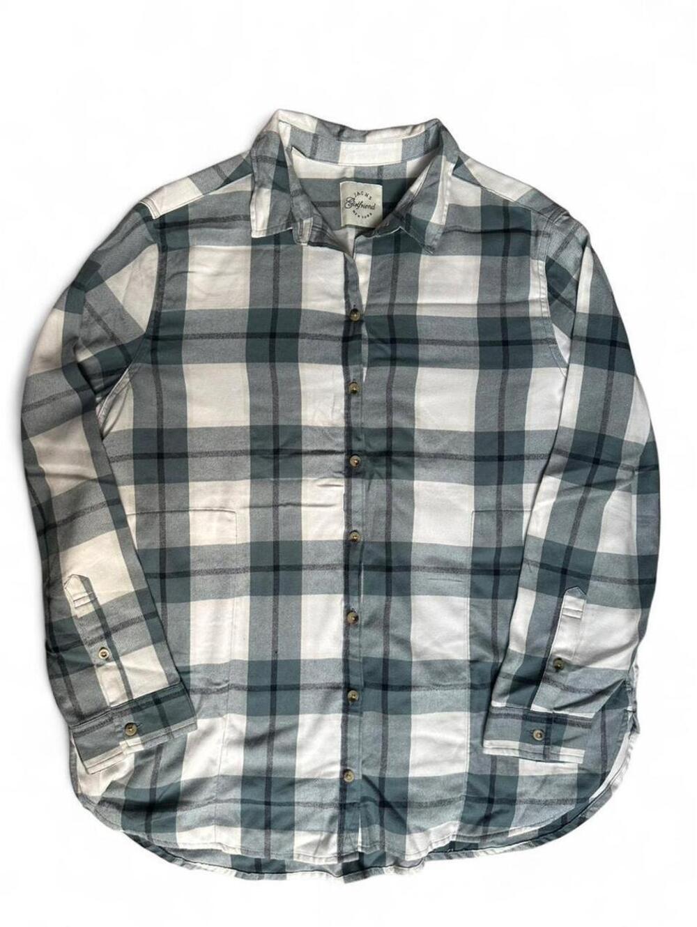 Jachs Girlfriend Women’s XL Super Soft Flannel Shirt Teal Plaid Side Pockets